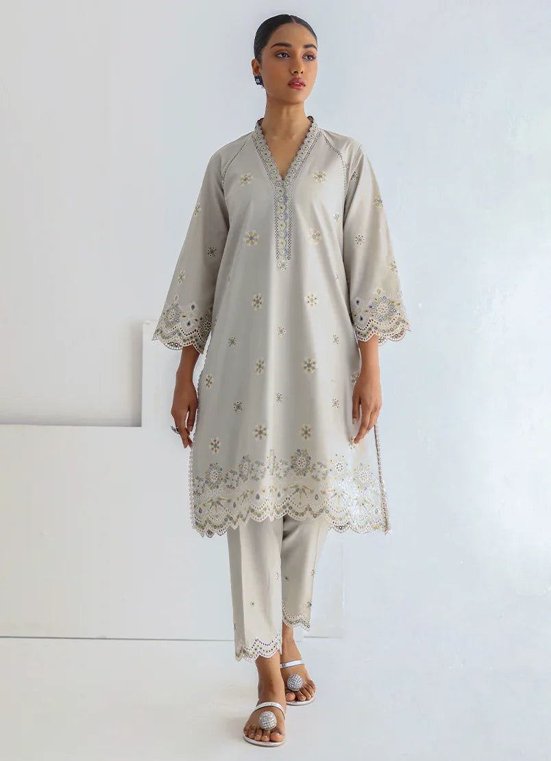 RAAZ Dull Olive Schiffli Co-Ord Set – Cotton 2PC Stitched