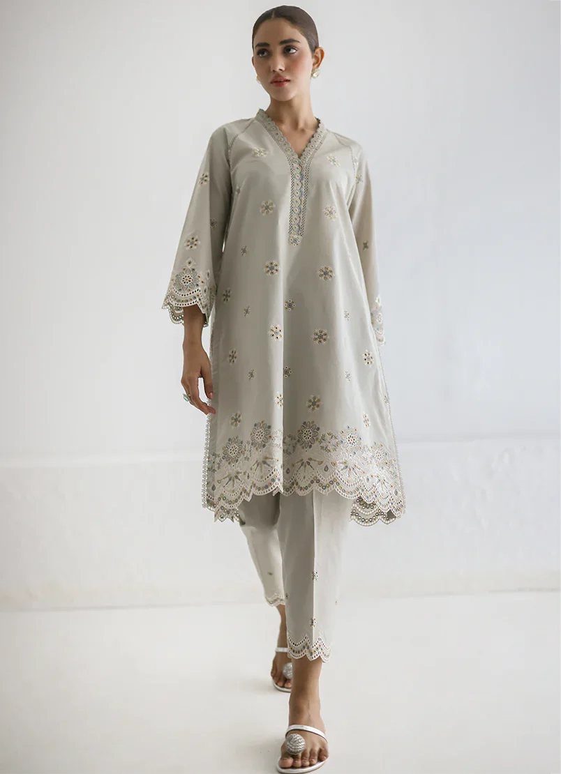 RAAZ Dull Olive Schiffli Co-Ord Set – Cotton 2PC Stitched
