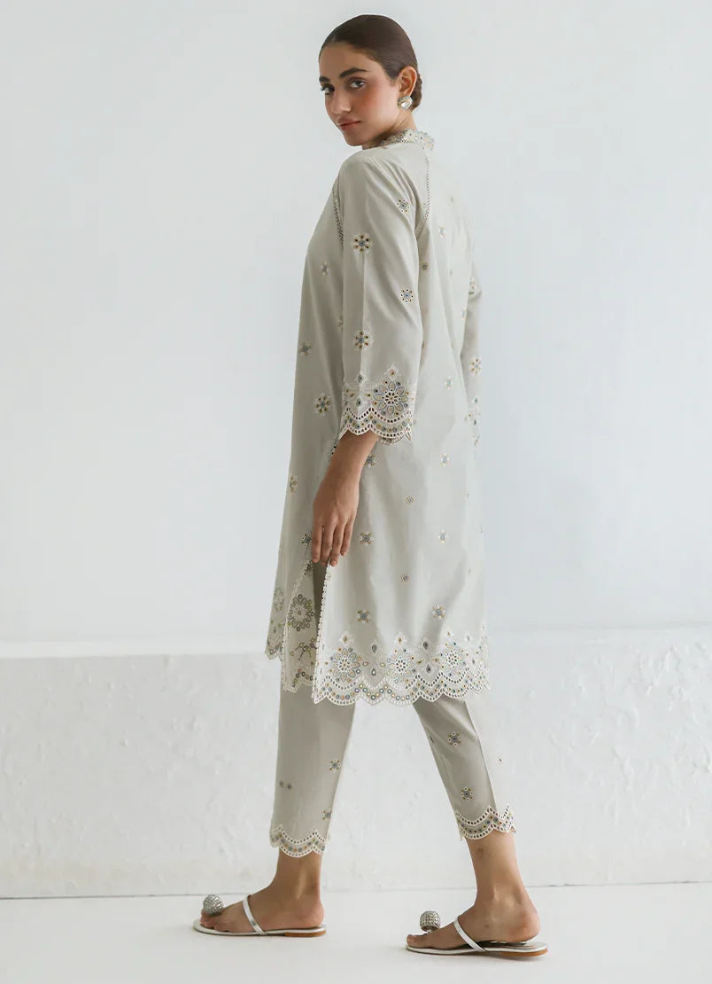 RAAZ Dull Olive Schiffli Co-Ord Set – Cotton 2PC Stitched