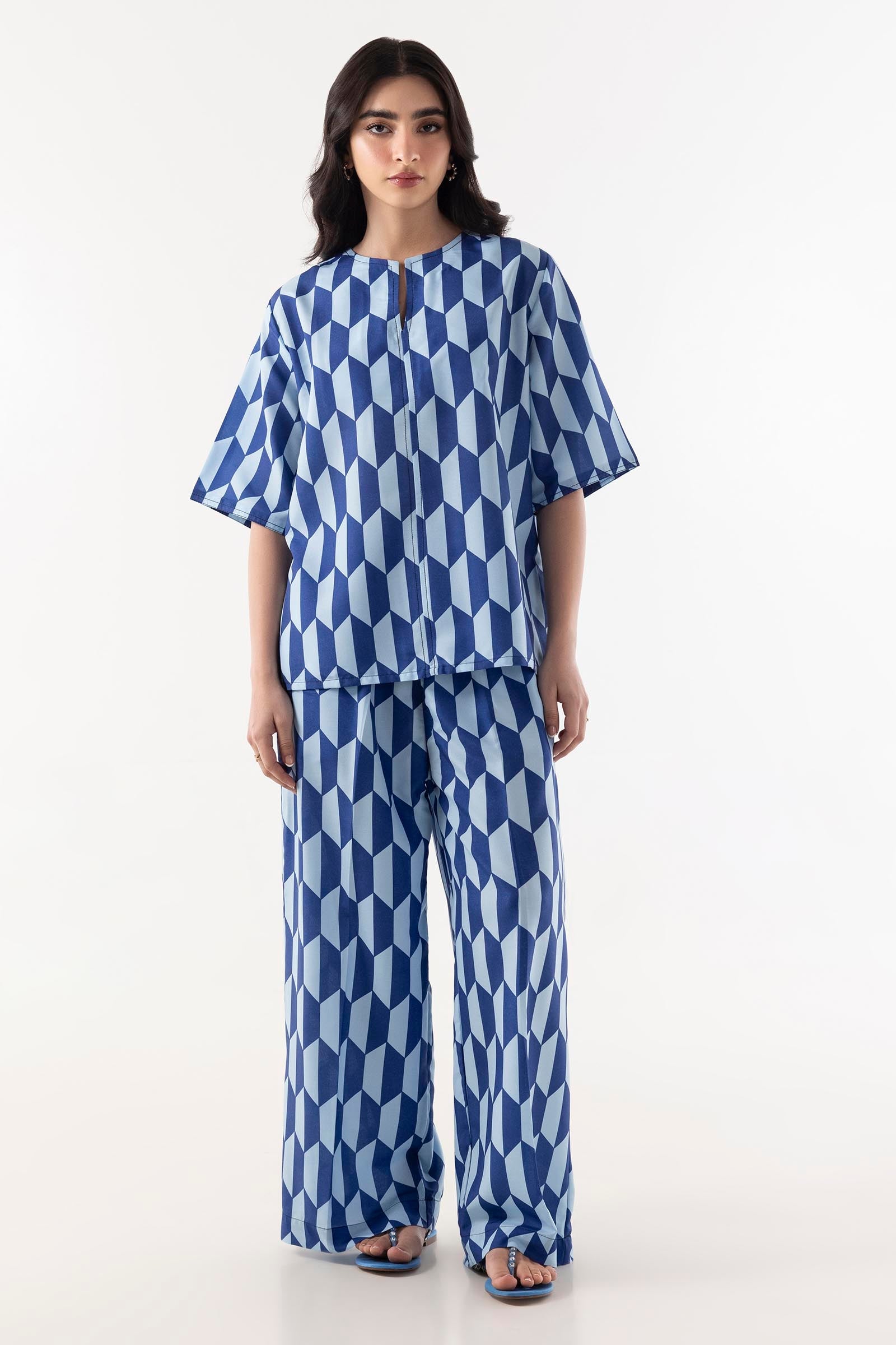 Stitched Blue Printed Cord Set